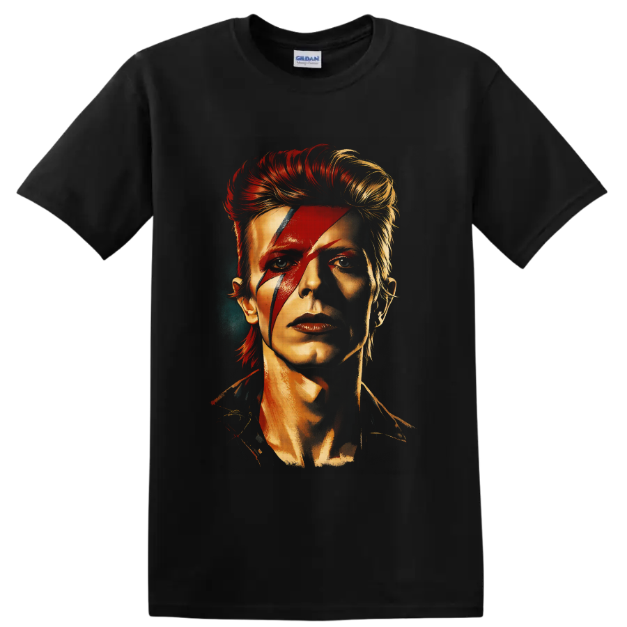 David Bowie Aladdin Sane portrait with red lightning bolt and glam rock styling on a Black T Shirt