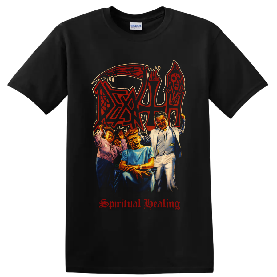 Death Spiritual Healing album art with hooded skull, figures, red logo and gothic text on a Black T Shirt