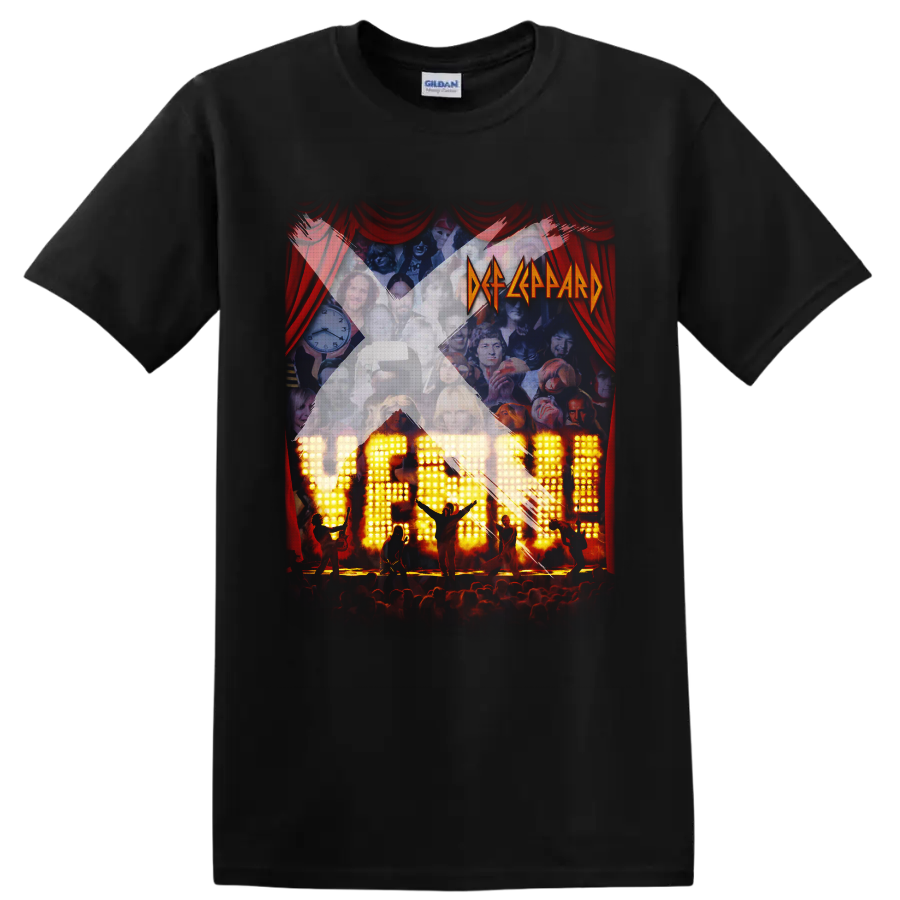 Def Leppard Yeah! album-style concert collage with red curtains and glowing stage on a Black T Shirt