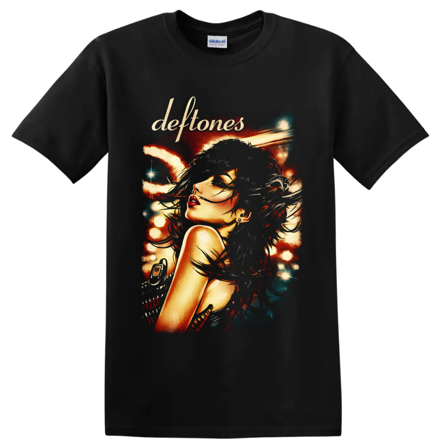 Deftones gothic woman portrait with windswept hair and glowing concert-poster lights on a Black T Shirt