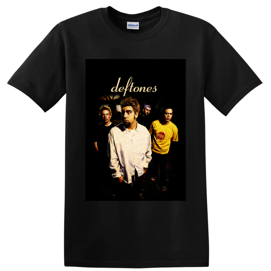 Deftones band portrait with Chino Moreno and gold script logo on a Black T Shirt