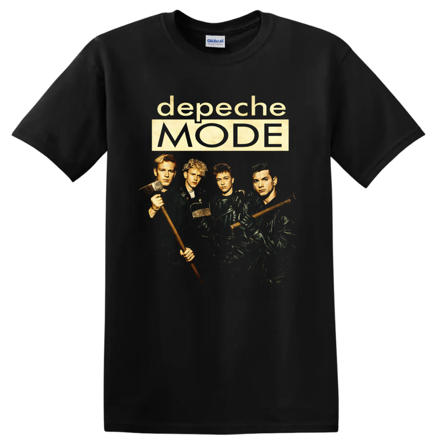 Depeche Mode Construction Time Again band portrait with hammers and cream logo text on a Black T Shirt