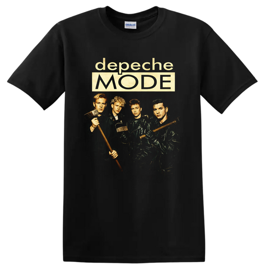Depeche Mode Construction Time Again band portrait with hammers and cream logo text on a Black T Shirt