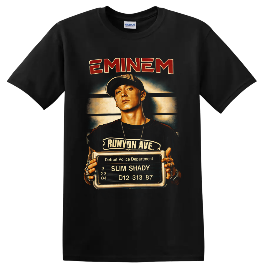 Eminem Slim Shady portrait with Runyon Ave sign and Detroit booking board on a Black T Shirt