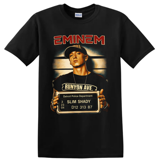 Eminem Slim Shady portrait with Runyon Ave sign and Detroit booking board on a Black T Shirt