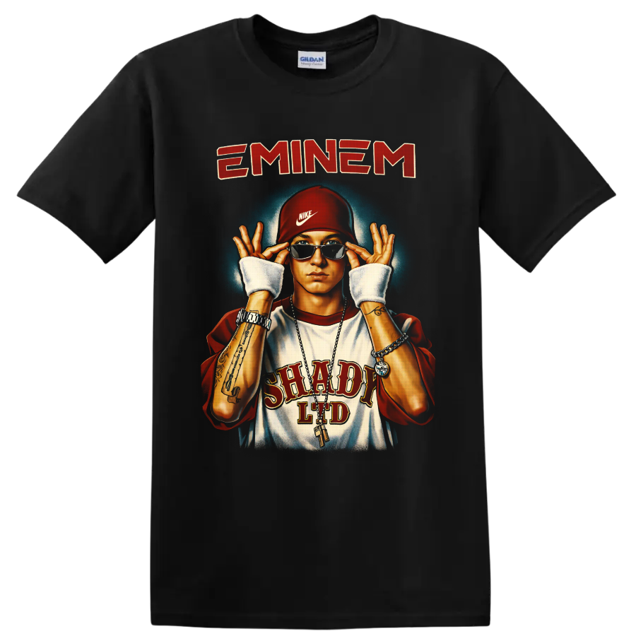 Eminem portrait illustration with sunglasses, red cap, chains, and retro lettering on a Black T Shirt