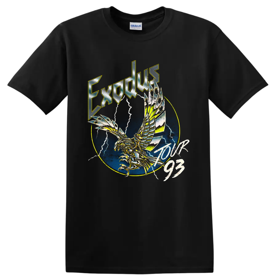 Exodus Tour 93 mechanical eagle with lightning and blue circular metal artwork on a Black T Shirt