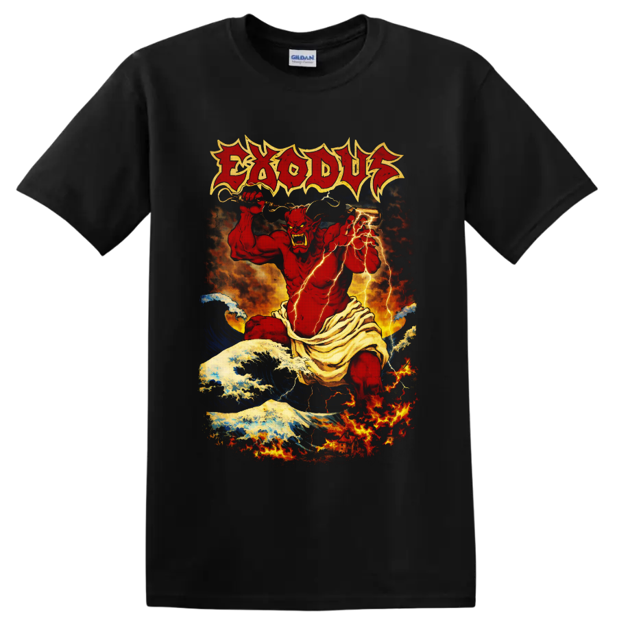 Exodus red demon with sword, lightning, ocean waves, fire, and distressed logo on a Black T Shirt
