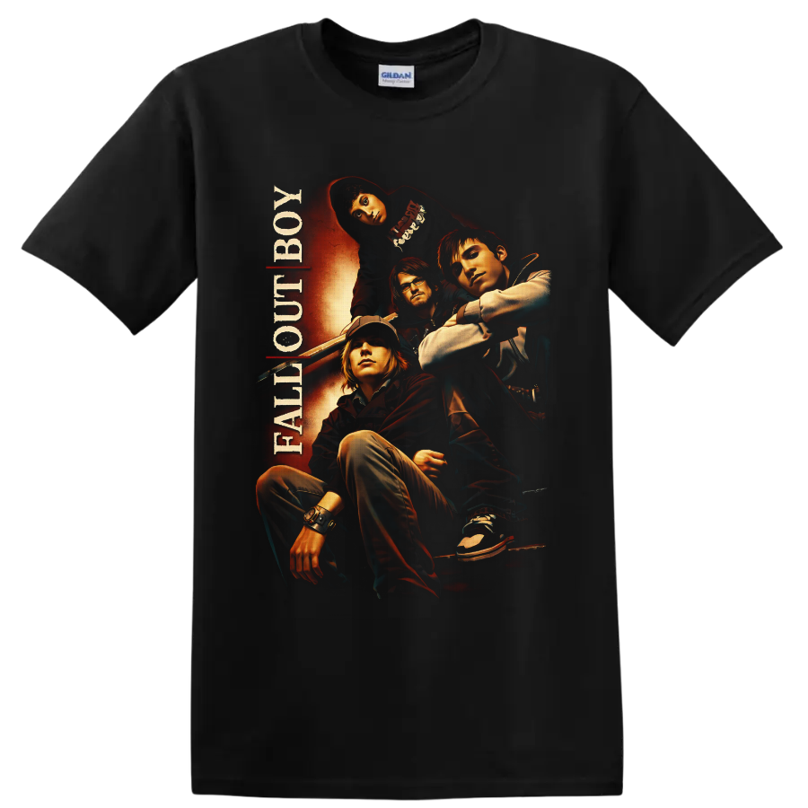 Fall Out Boy four-member portrait in fiery retro rock poster style with vertical band text on a Black T Shirt