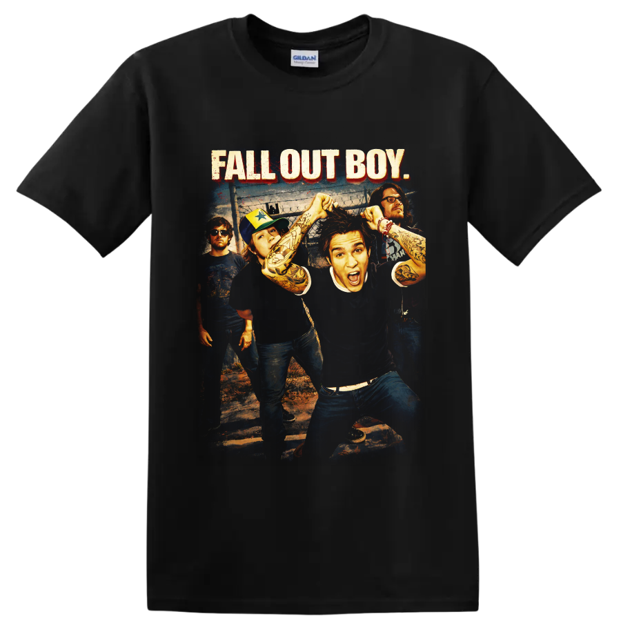 Fall Out Boy band photo with distressed red-shadowed lettering and punk rock styling on a Black T Shirt