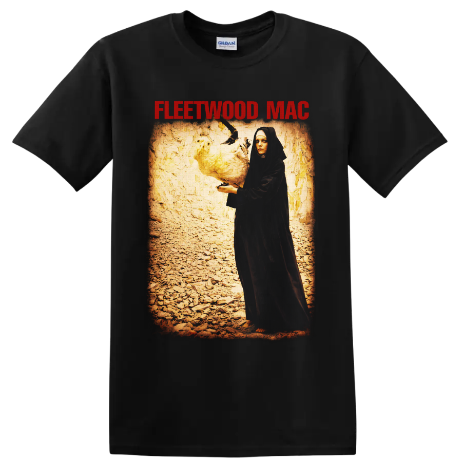 Fleetwood Mac gothic hooded figure and white dove vintage rock artwork on a Black T Shirt