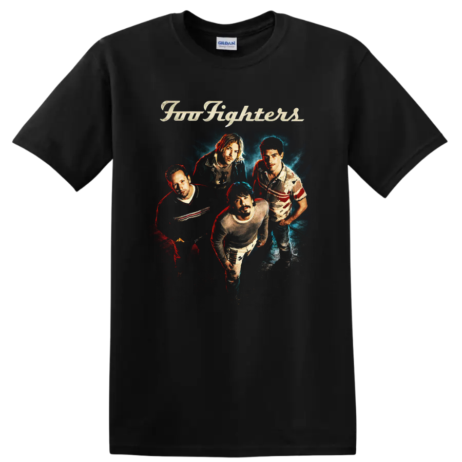 Foo Fighters four-member portrait with cream script and red-blue concert lighting on a Black T Shirt