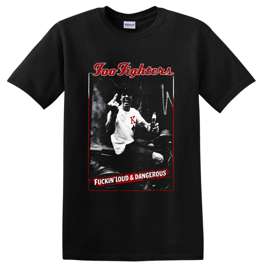 Dave Grohl scooter rider in distressed Foo Fighters red and black rock poster art on a Black T Shirt