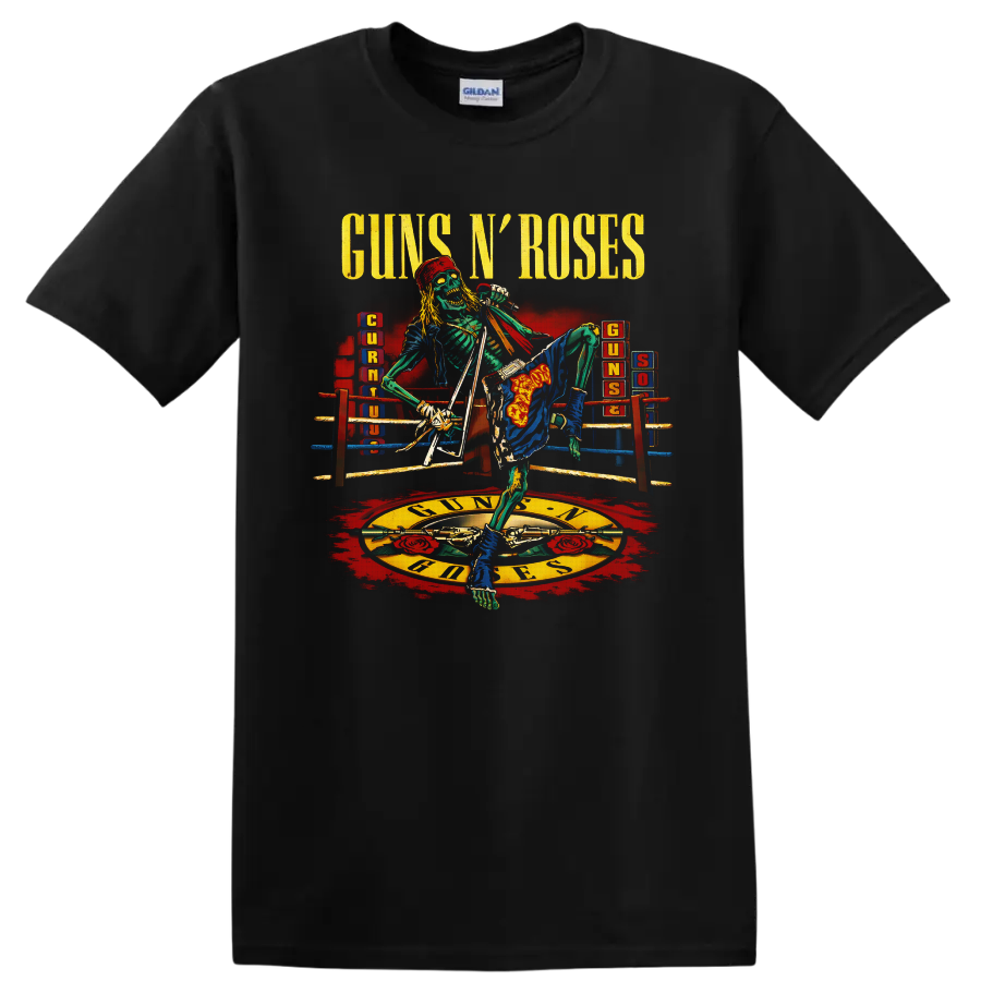 Guns N' Roses skeleton singer in a boxing ring with roses and crossed pistols on a Black T Shirt