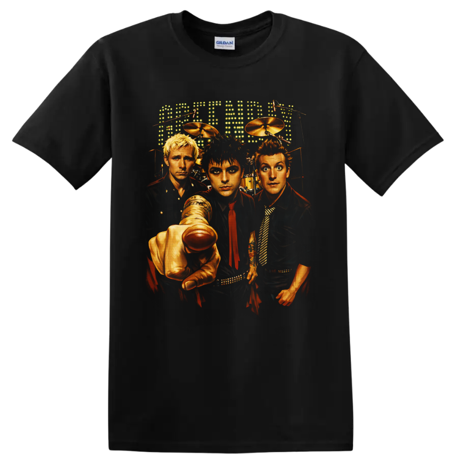 Green Day trio stage portrait with drums, microphones, and glowing marquee lights on a Black T Shirt