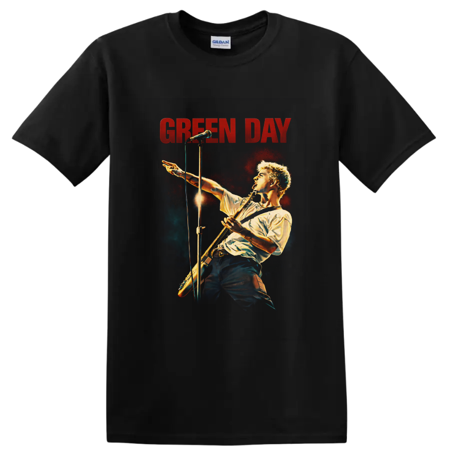 Billie Joe Armstrong concert illustration with guitar, microphone, and GREEN DAY text on a Black T Shirt