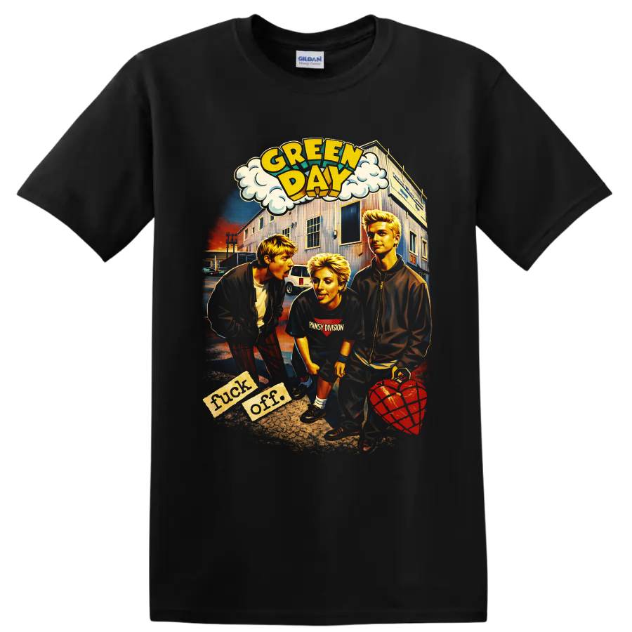 Green Day American Idiot comic street scene with three figures and heart grenade on a Black T Shirt