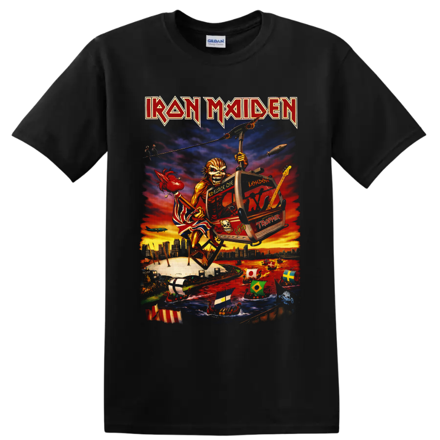 Iron Maiden Eddie airship illustration over London with guitar, longships, and sunset on a Black T Shirt