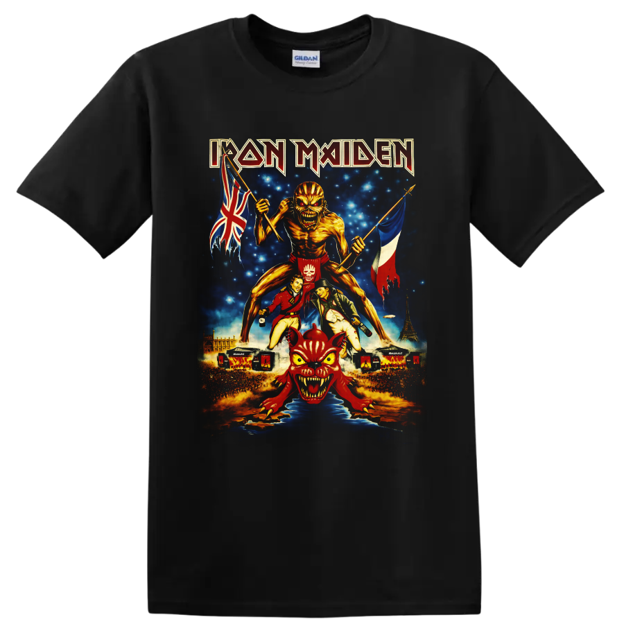 Iron Maiden Eddie Book of Souls tour art with British and French flags and Paris skyline on a Black T Shirt