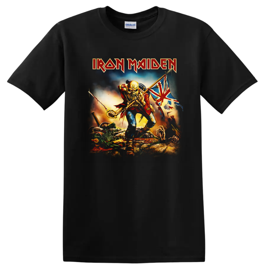 Iron Maiden The Trooper Eddie skeletal soldier with saber and tattered battle flag on a Black T Shirt