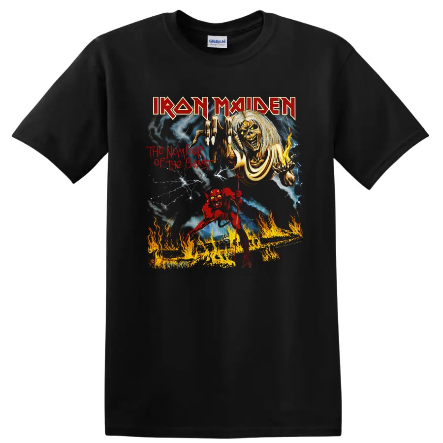 Iron Maiden The Number of the Beast Eddie horror art with lightning and flames on a Black T Shirt