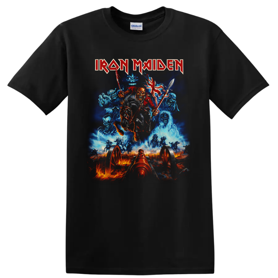 Iron Maiden Eddie skeletal cavalry rider with cannon and ghostly battlefield artwork on a Black T Shirt