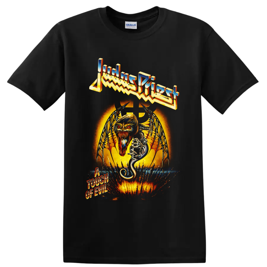 Judas Priest A Touch of Evil demon and snake heavy metal artwork on a Black T Shirt