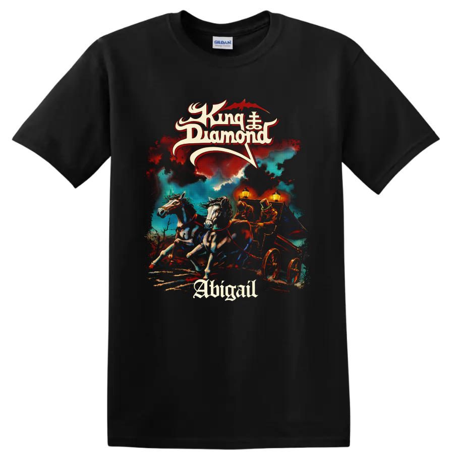 King Diamond Abigail gothic horse-drawn carriage artwork with storm clouds and lanterns on a Black T Shirt