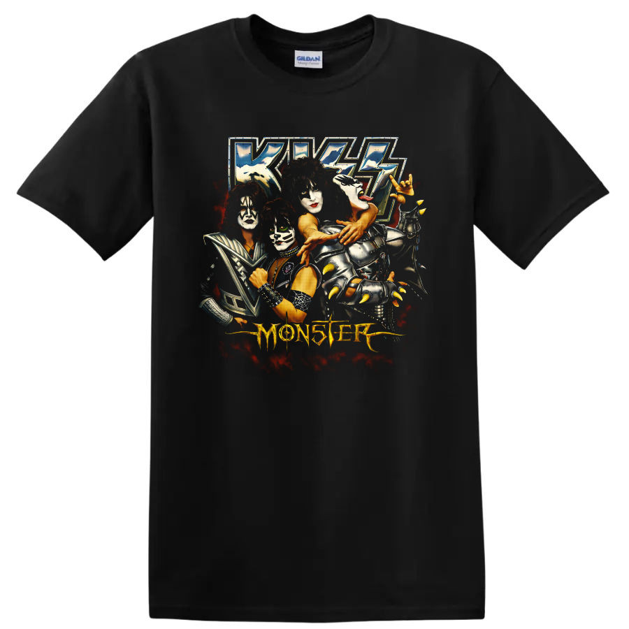 KISS Monster album artwork with four face-painted performers and fiery red smoke on a Black T Shirt