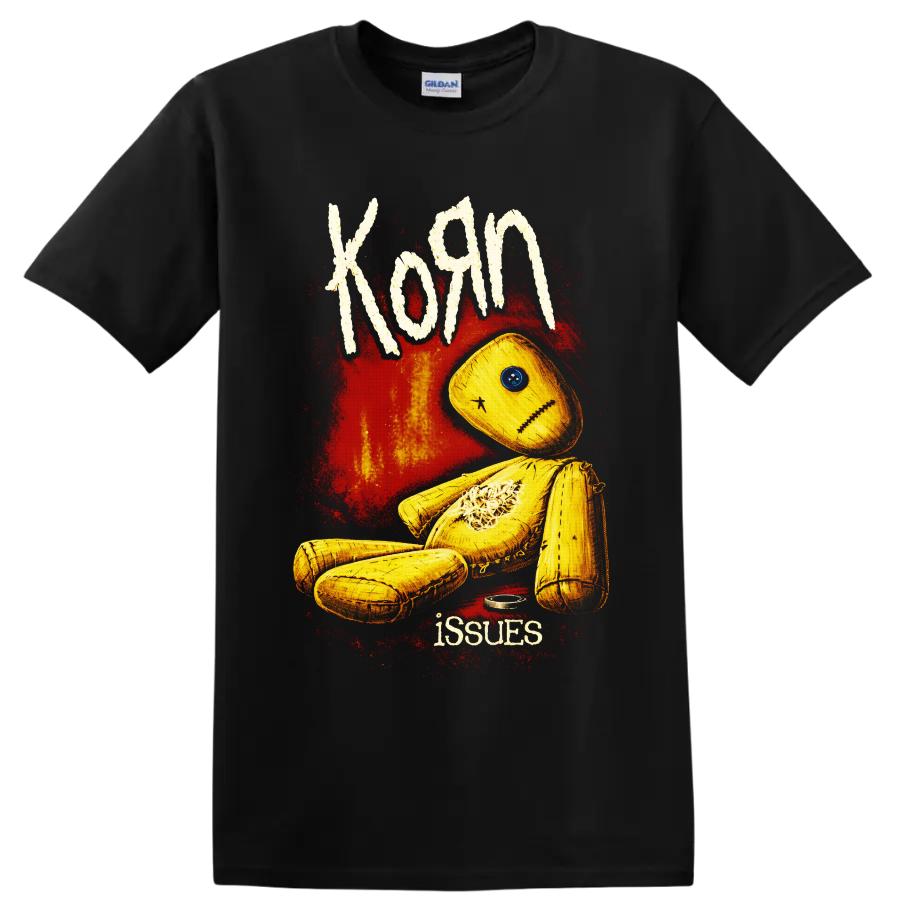 Korn Issues yellow stitched doll with blue button eye and red distressed artwork on a Black T Shirt