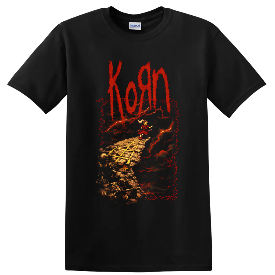 Korn Follow the Leader art with child, skeleton path, red lightning and distressed logo on a Black T Shirt