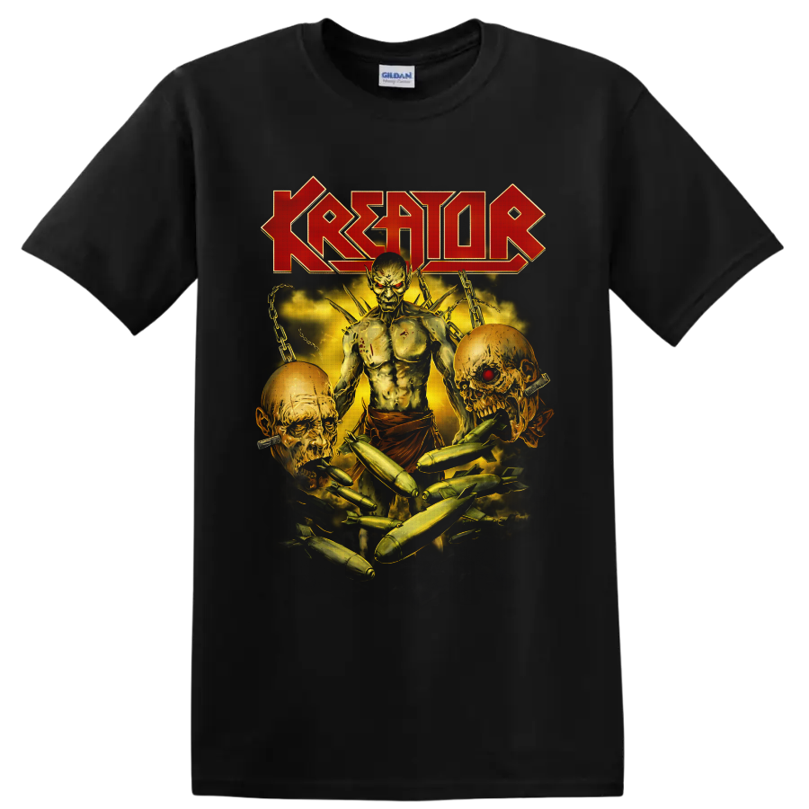 Kreator logo above undead warrior, skulls, chains, smoke, and bomb horror artwork on a Black T Shirt