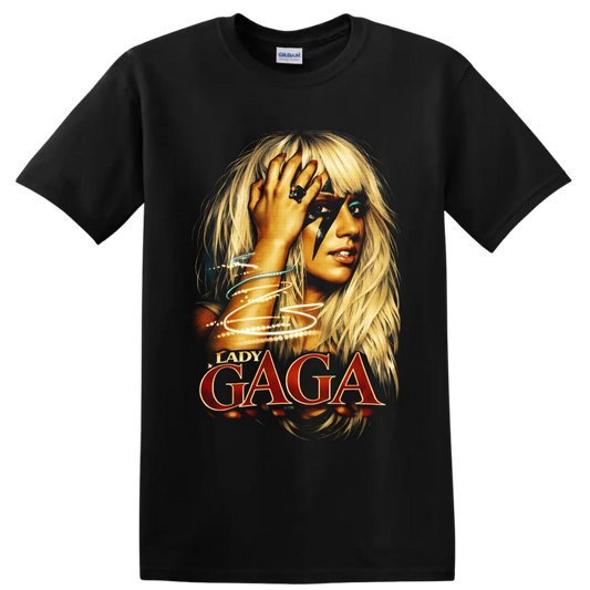 Lady Gaga portrait with lightning makeup, glowing light trails, and bold red lettering on a Black T Shirt