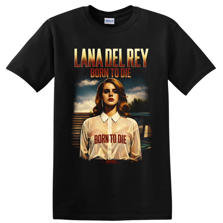 Lana Del Rey Born to Die retro portrait with distressed album lettering and vintage car on a Black T Shirt