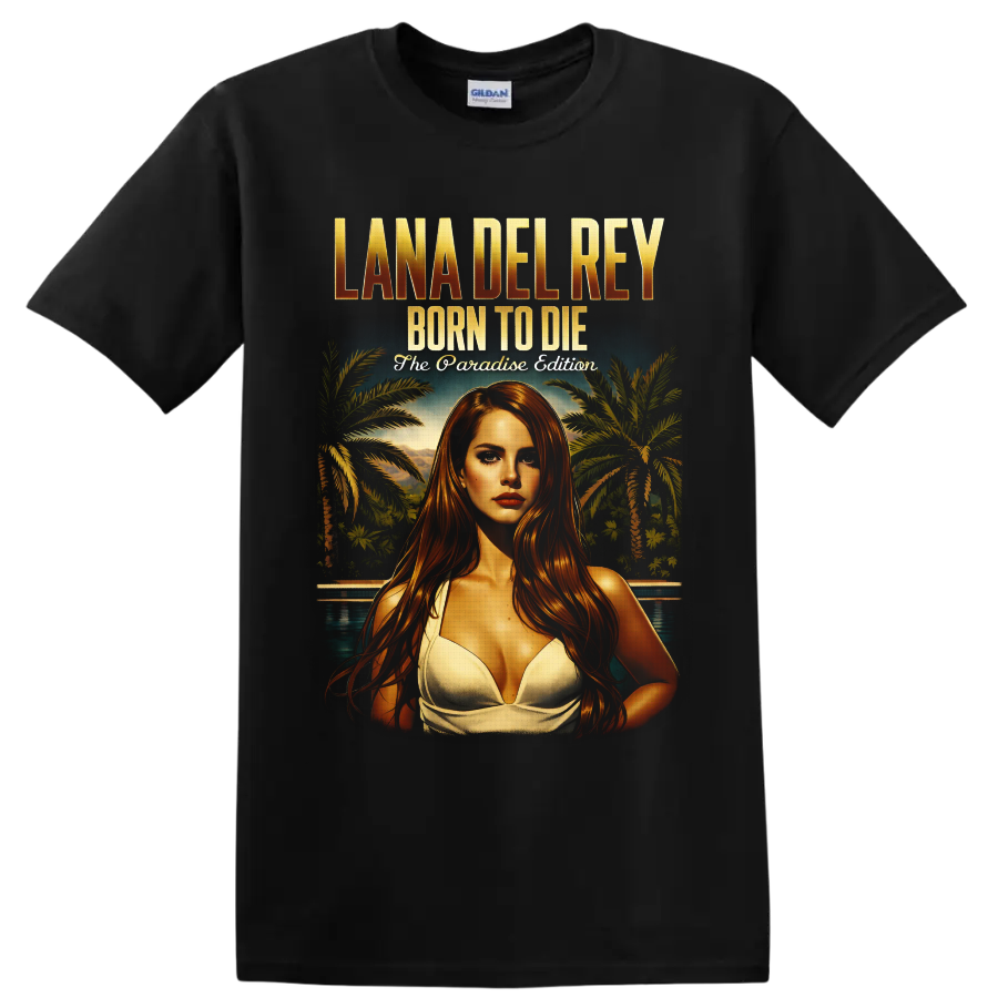 Lana Del Rey Born to Die Paradise Edition tropical portrait with palm trees and pool on a Black T Shirt