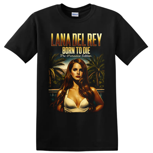 Lana Del Rey Born to Die Paradise Edition tropical portrait with palm trees and pool on a Black T Shirt