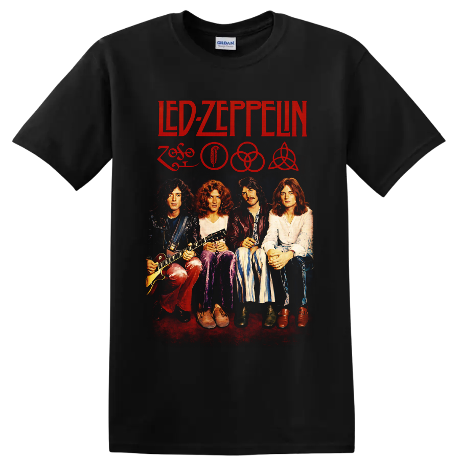 Led Zeppelin four-member portrait with red logo, symbols, and vintage rock poster style on a Black T Shirt