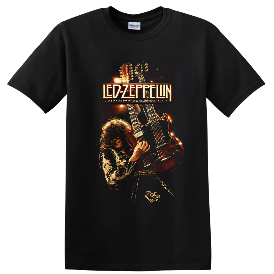 Jimmy Page with double-neck guitar in fiery Led Zeppelin concert poster art on a Black T Shirt