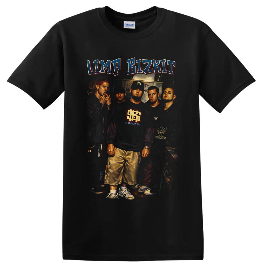Limp Bizkit illustrated group portrait with bold collegiate-style logo lettering on a Black T Shirt