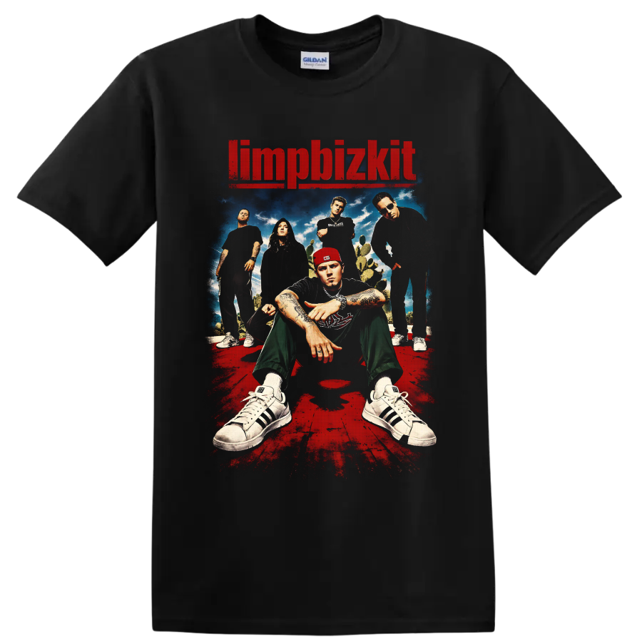 Limp Bizkit band portrait with Fred Durst, distressed red logo, cacti, and poster art on a Black T Shirt