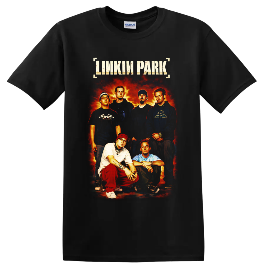 Linkin Park six-member portrait with distressed lettering and fiery rock poster backdrop on a Black T Shirt