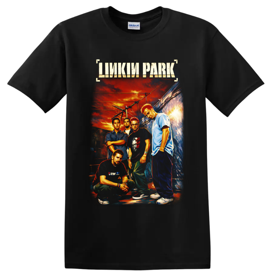 Linkin Park band portrait with distressed logo, urban alley, power lines, and fiery sunset on a Black T Shirt