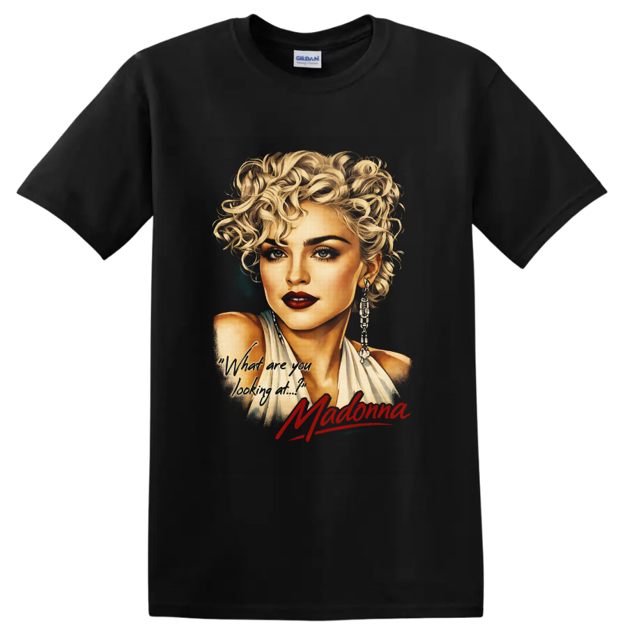 Madonna blonde glamour portrait with red signature and handwritten phrase on a Black T Shirt