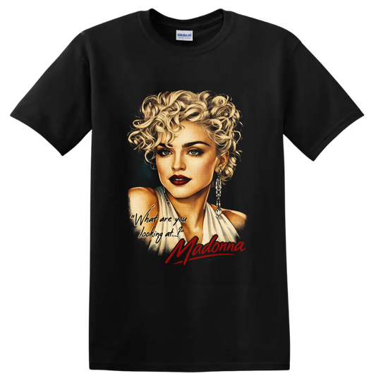 Madonna blonde glamour portrait with red signature and handwritten phrase on a Black T Shirt