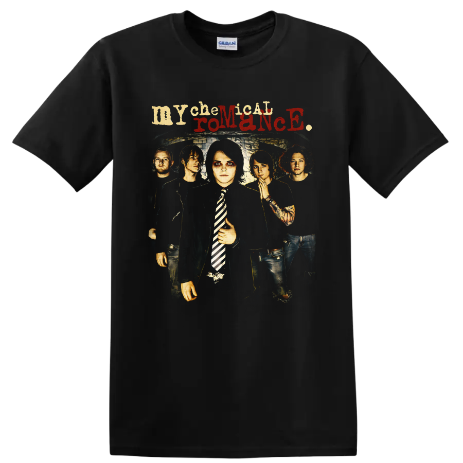 My Chemical Romance five-member gothic band portrait with distressed lettering on a Black T Shirt