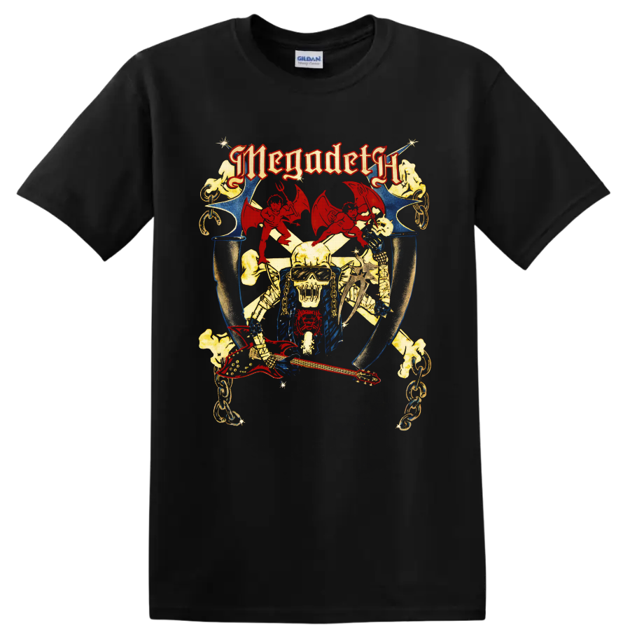 Megadeth Vic Rattlehead vintage metal art with red guitar, chains, demons, and skull on a Black T Shirt