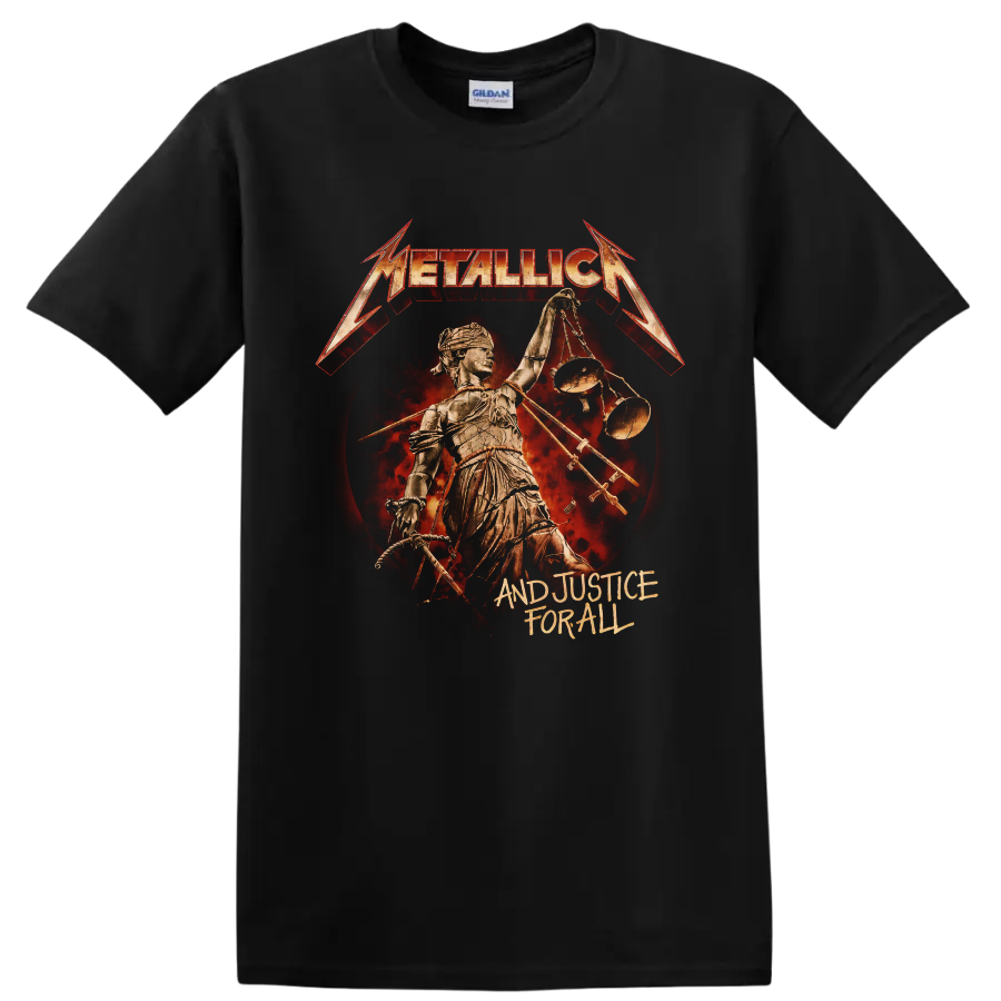 Metallica And Justice for All Lady Justice scales distressed album artwork on a Black T Shirt