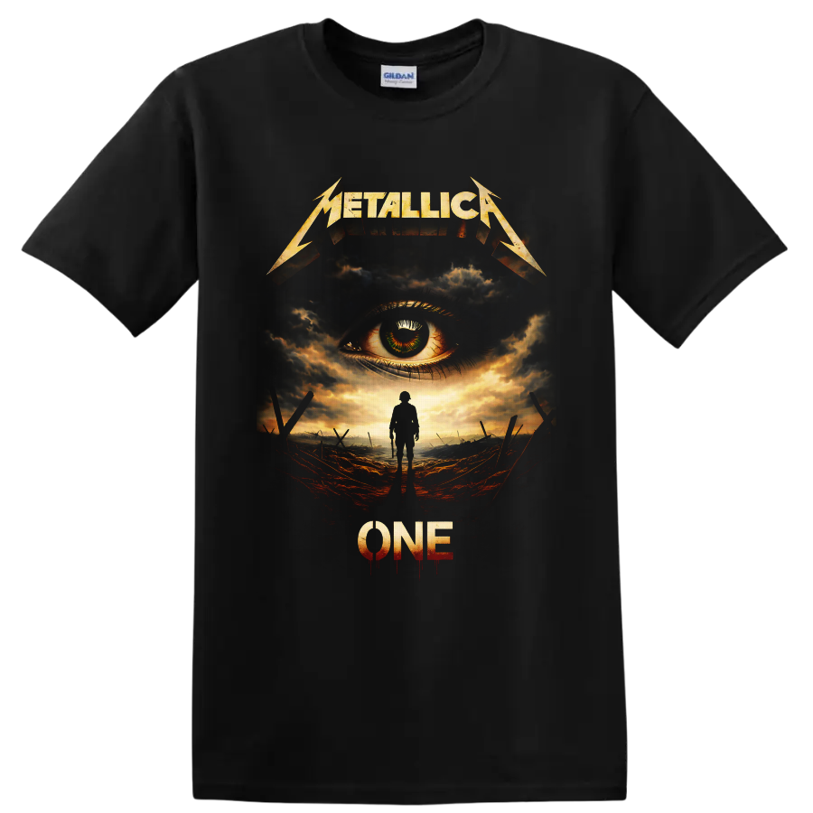 Metallica One distressed graphic with soldier, watchful eye, storm clouds, and battlefield on a Black T Shirt