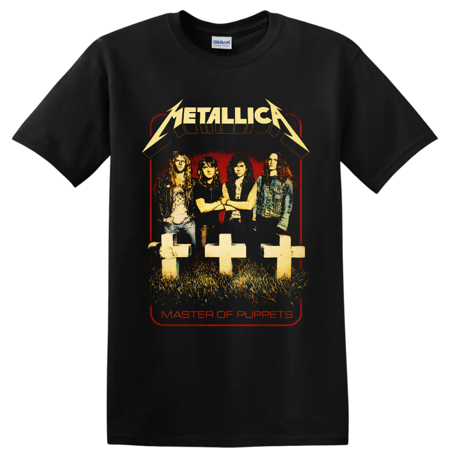 Metallica Master of Puppets band portrait with graveyard crosses and distressed logo on a Black T Shirt