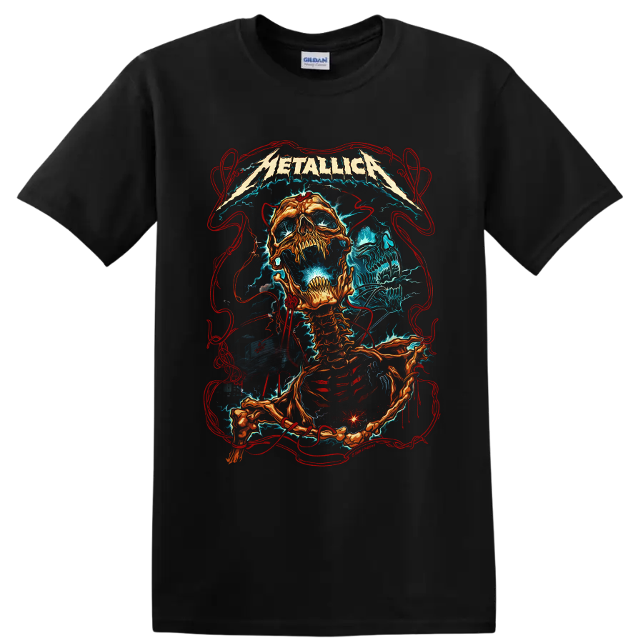 Metallica logo above fiery skeleton and blue skull lightning heavy metal artwork on a Black T Shirt